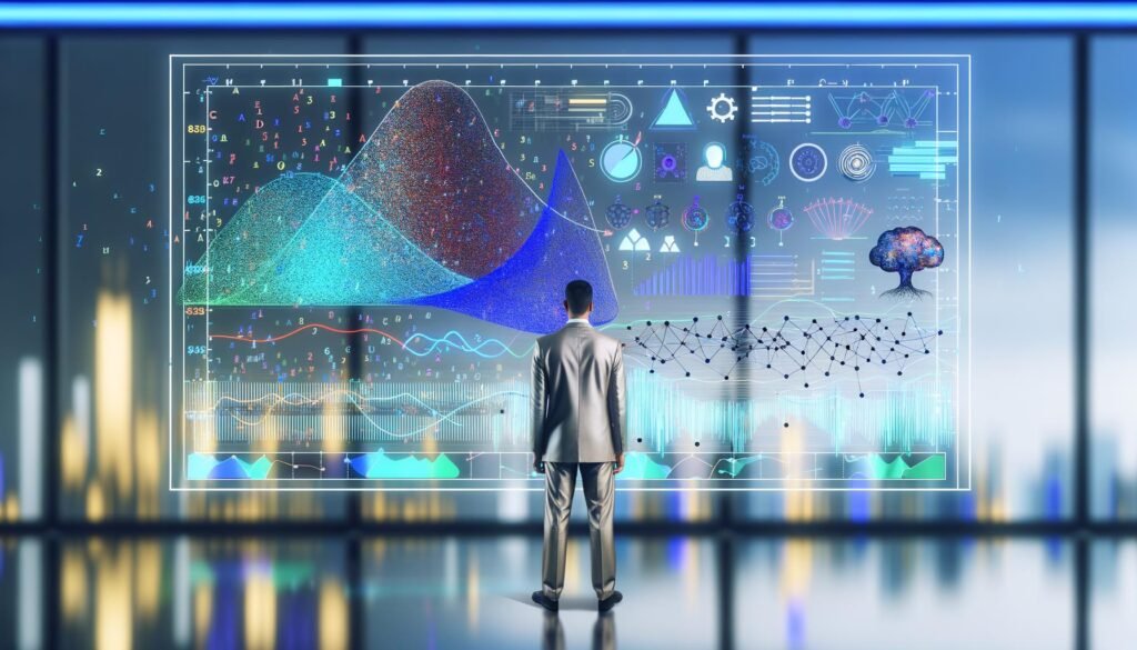 Futuristische, abstrakte Illustration eines Menschen im Kontrollraum vor Daten-Dashboards und Machine-Learning-Symbolen zur Darstellung von Predictive Modelling.