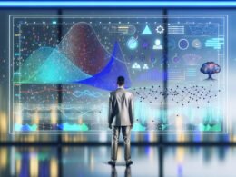 Futuristische, abstrakte Illustration eines Menschen im Kontrollraum vor Daten-Dashboards und Machine-Learning-Symbolen zur Darstellung von Predictive Modelling.