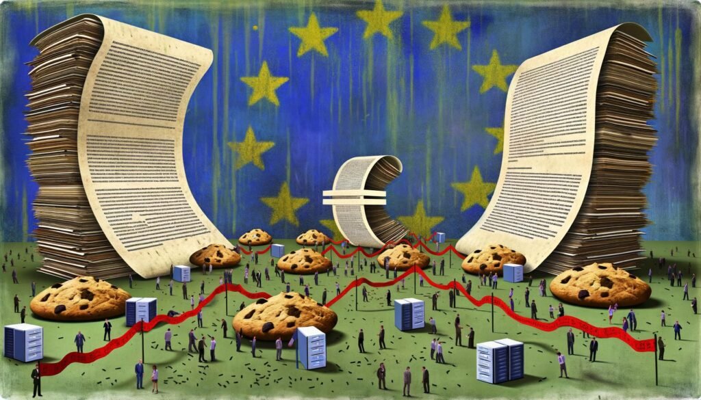 Metaphorisches Bild: Marketer und Entwickler stehen frustriert und trotzig inmitten von EU-Verordnungen, Cookie-Bannern und bürokratischen Schranken, mit Euro-Zeichen, Servern und Code im Hintergrund.