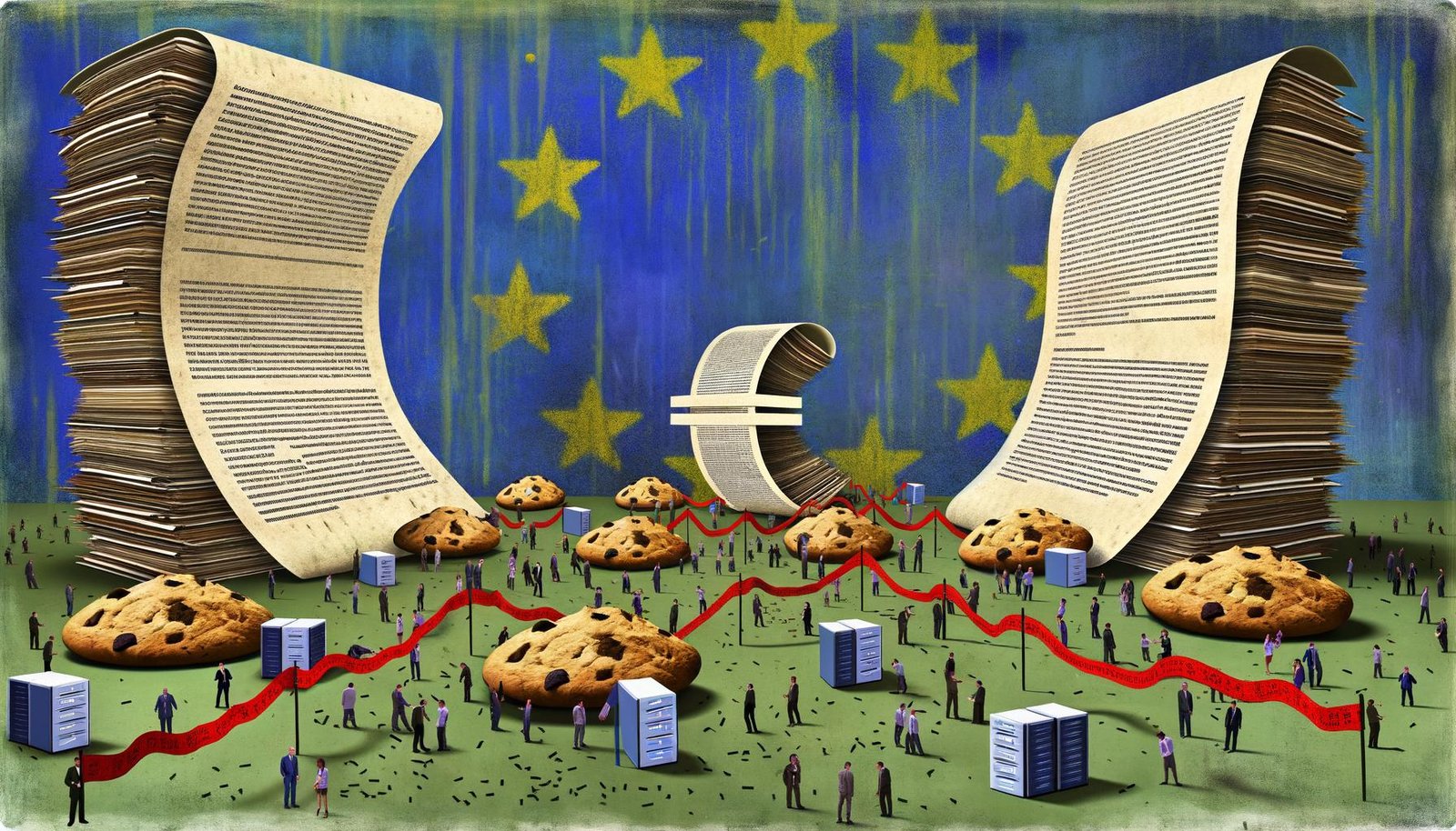 Metaphorisches Bild: Marketer und Entwickler stehen frustriert und trotzig inmitten von EU-Verordnungen, Cookie-Bannern und bürokratischen Schranken, mit Euro-Zeichen, Servern und Code im Hintergrund.