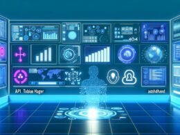 Stilisiertes Editorial-Cover mit futuristischer Tech-Schaltzentrale und holografischen Informationsströmen zu Websites, Apps und AR-Brillen, zentrierte Benutzeroberfläche mit APIs, KI-Symbolen und Dashboards, Farbgebung in Blau und Neon, klar und modern gestaltet.