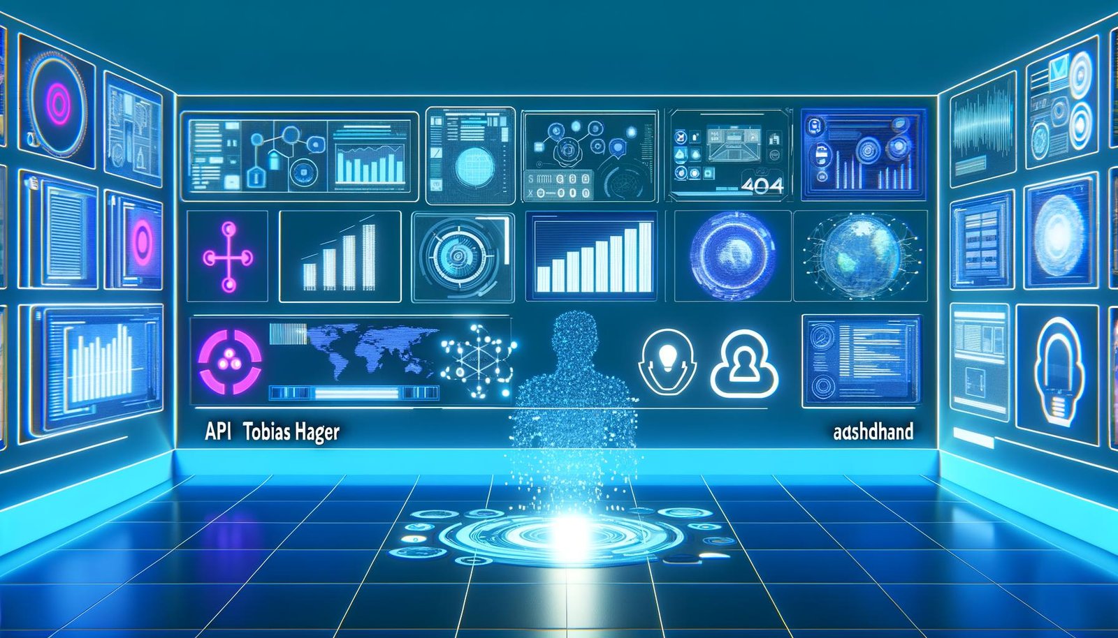 Stilisiertes Editorial-Cover mit futuristischer Tech-Schaltzentrale und holografischen Informationsströmen zu Websites, Apps und AR-Brillen, zentrierte Benutzeroberfläche mit APIs, KI-Symbolen und Dashboards, Farbgebung in Blau und Neon, klar und modern gestaltet.