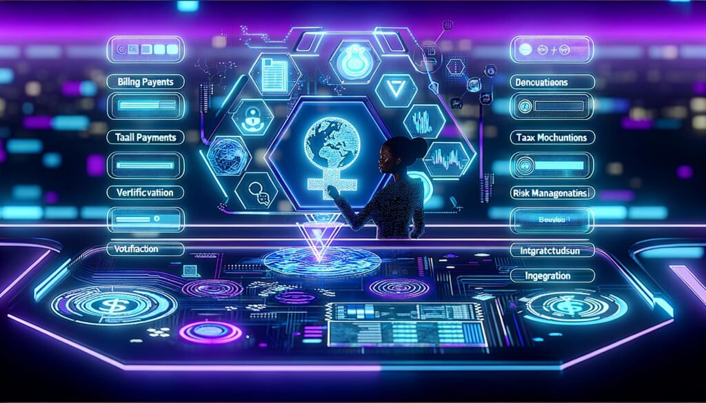 Futuristischer Arbeitsplatz mit Stripe-Logo, holografischen Dashboards und digitaler Unternehmerszene in Blau- und Violetttönen