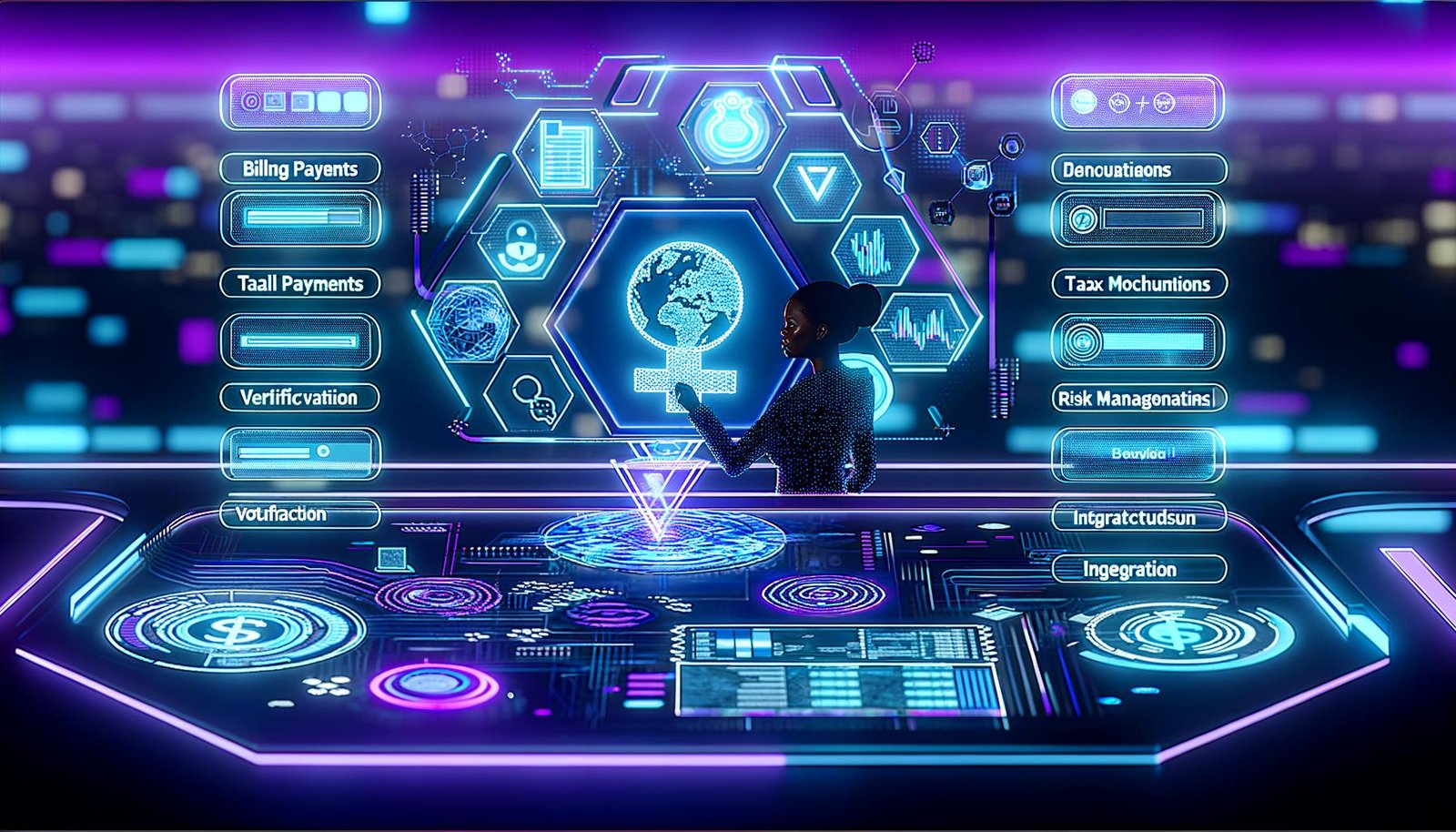 Futuristischer Arbeitsplatz mit Stripe-Logo, holografischen Dashboards und digitaler Unternehmerszene in Blau- und Violetttönen