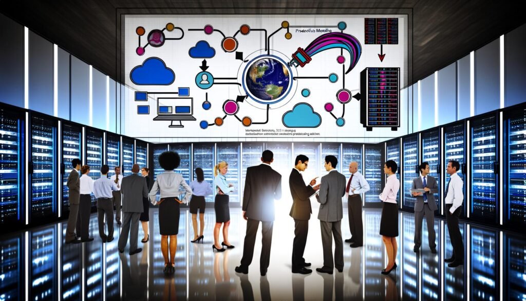 Dynamische Teams aus Data Scientists, Business-Managern und Marketern arbeiten gemeinsam vor einem großen Touchscreen mit Machine-Learning-Visualisierungen in einem modernen, futuristischen Büro.