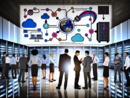 Dynamische Teams aus Data Scientists, Business-Managern und Marketern arbeiten gemeinsam vor einem großen Touchscreen mit Machine-Learning-Visualisierungen in einem modernen, futuristischen Büro.