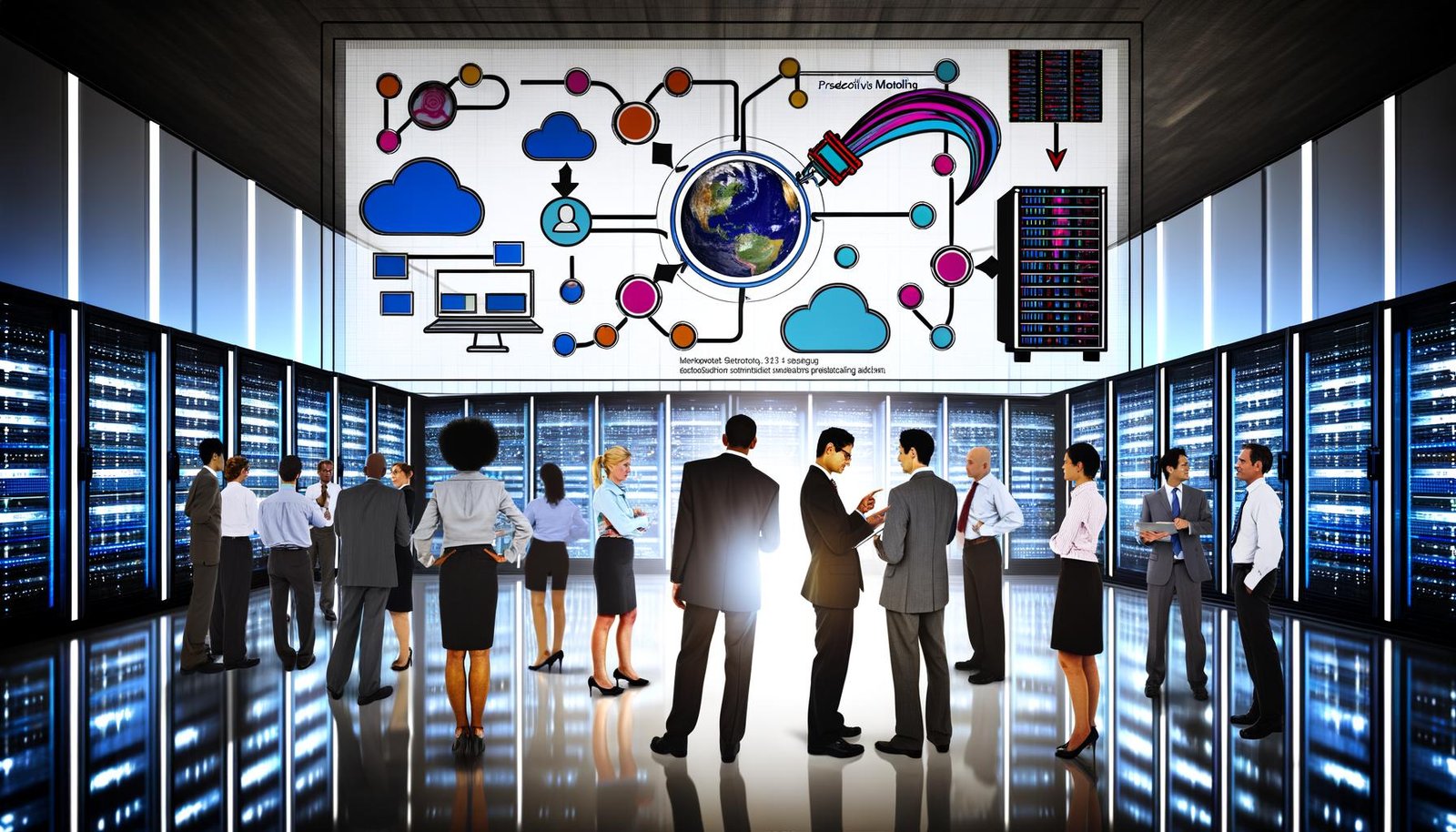 Dynamische Teams aus Data Scientists, Business-Managern und Marketern arbeiten gemeinsam vor einem großen Touchscreen mit Machine-Learning-Visualisierungen in einem modernen, futuristischen Büro.