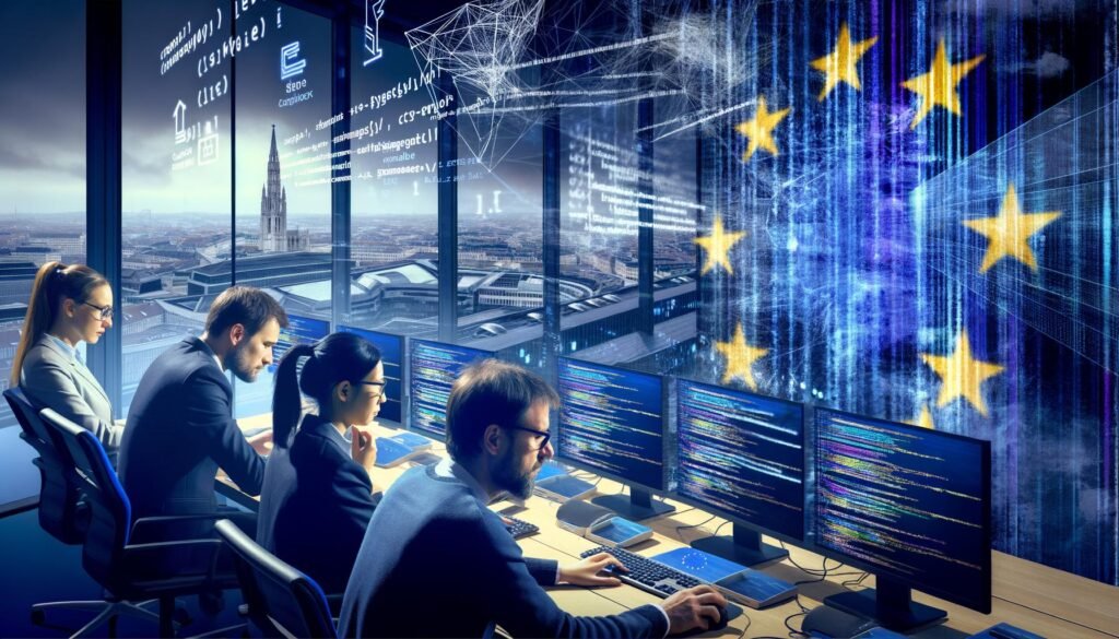 Diverses IT-Team vor Monitoren mit Code und Netzwerkdiagrammen im Maschinenraum der europäischen Netzpolitik; im Hintergrund Silhouetten von Brüssel und Straßburg mit abstrakten EU-Elementen.