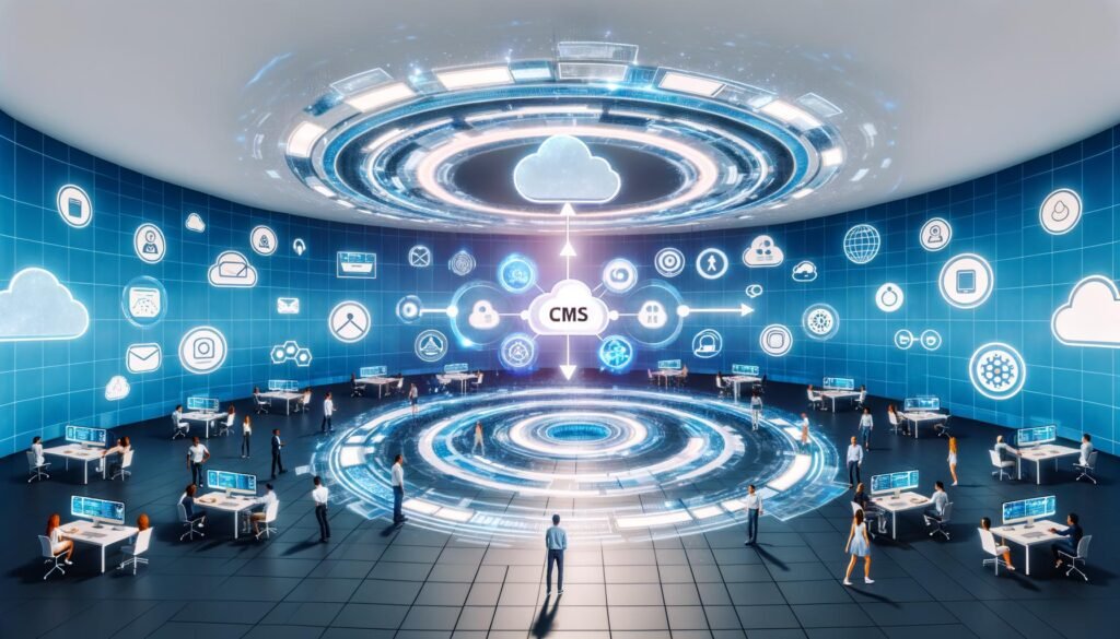 Hypermoderner Arbeitsplatz mit transparenten Bildschirmen, leuchtendem CMS-Hub und digitalen Profis, die innovative Technologien wie KI, Microservices und Cloud Computing nutzen.