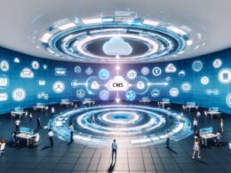 Hypermoderner Arbeitsplatz mit transparenten Bildschirmen, leuchtendem CMS-Hub und digitalen Profis, die innovative Technologien wie KI, Microservices und Cloud Computing nutzen.