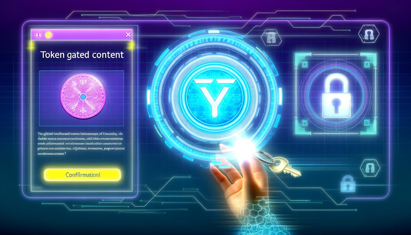 Futuristische digitale Web-Oberfläche mit Token-basierter Zugangskontrolle, JWT-Token und Stripe-Zahlungsbestätigung vor gesperrten Inhalten wie E-Books, Videos und Code, umgeben von Sicherheits- und Schaltkreis-Motiven.