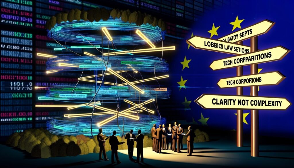 Metaphorischer digitaler Dschungel mit Gesetzen, Datenströmen, streitenden Lobbyisten, Tech-Konzernen und Bürokraten vor einem leuchtenden EU-Sternenbanner und dem Schild ‚Klarheit statt Komplexität‘.