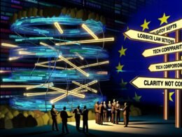 Metaphorischer digitaler Dschungel mit Gesetzen, Datenströmen, streitenden Lobbyisten, Tech-Konzernen und Bürokraten vor einem leuchtenden EU-Sternenbanner und dem Schild ‚Klarheit statt Komplexität‘.