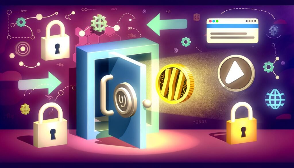 Moderne Illustration eines digitalen Safes, geöffnet von einem goldenen Token, mit ratlosen Paywall- und Membership-Symbolen draußen und API/Coding-Elementen im Hintergrund.