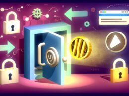 Moderne Illustration eines digitalen Safes, geöffnet von einem goldenen Token, mit ratlosen Paywall- und Membership-Symbolen draußen und API/Coding-Elementen im Hintergrund.