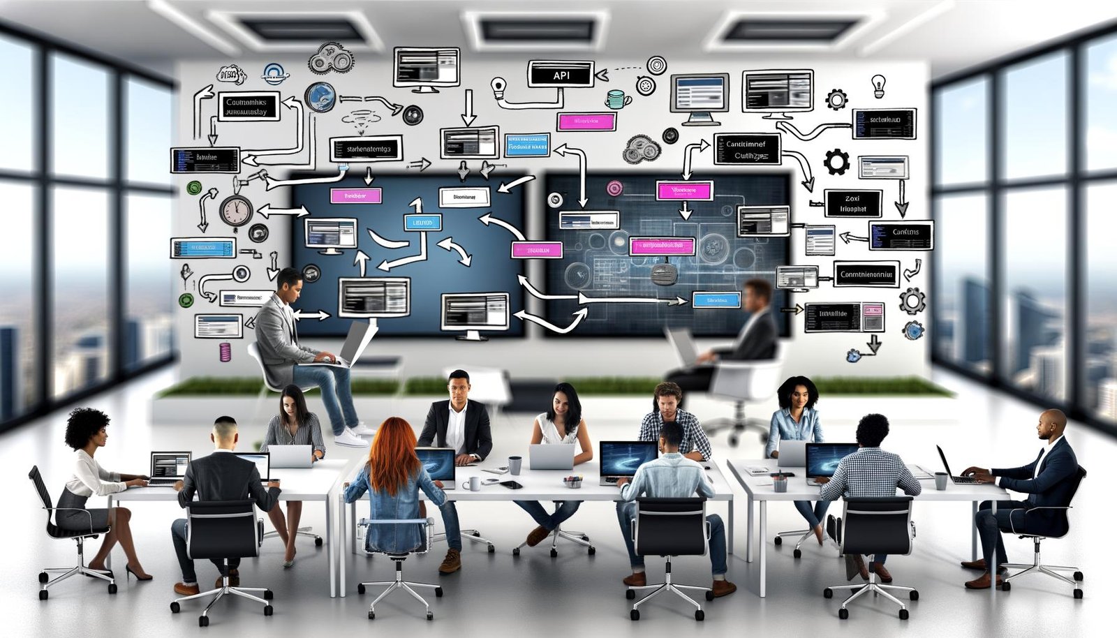 Modernes Büro mit mehreren Monitoren, Whiteboards mit Workflow-Diagrammen und einem diversen Team, das an digitalen Geräten arbeitet.