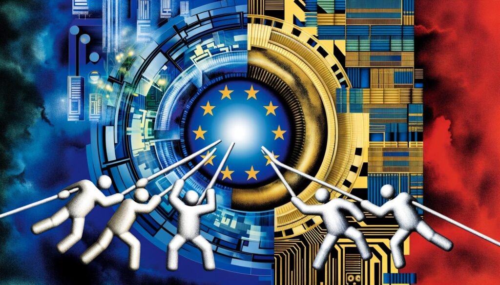 Modernes Titelbild mit abstrahiertem Kampf um die digitale Hoheit Europas, stilisierte Figuren an Netzwerkknoten, Kabeln und Aktenordnern, beleuchtete EU-Flagge über einem Labyrinth aus Computerchips und Gesetzestexten.