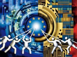 Modernes Titelbild mit abstrahiertem Kampf um die digitale Hoheit Europas, stilisierte Figuren an Netzwerkknoten, Kabeln und Aktenordnern, beleuchtete EU-Flagge über einem Labyrinth aus Computerchips und Gesetzestexten.