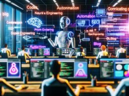 Futuristisches Büro, in dem Menschen und stilisierte KI-Avatare gemeinsam an Monitoren Code, Content und Blogartikel bearbeiten, umgeben von Buzzwords wie Automation, Prompt Engineering und SEO.