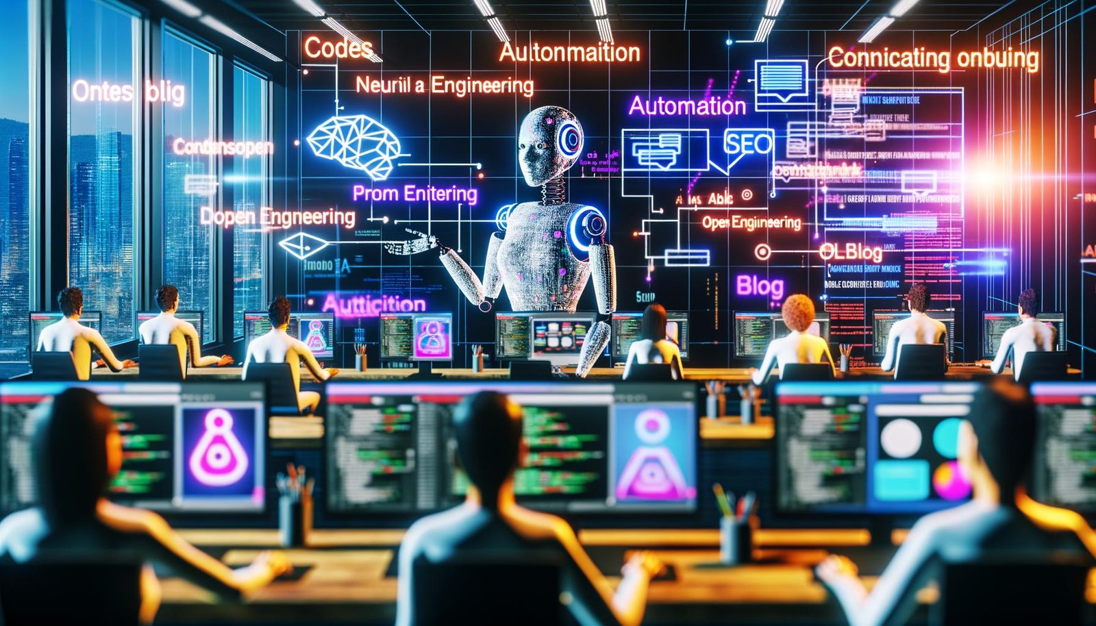 Futuristisches Büro, in dem Menschen und stilisierte KI-Avatare gemeinsam an Monitoren Code, Content und Blogartikel bearbeiten, umgeben von Buzzwords wie Automation, Prompt Engineering und SEO.