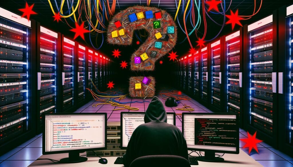 Düsterer Serverraum mit blinkenden Warnleuchten an Computern, Open Source-Logos, Kabeln und Entwicklern im Schatten. Im Hintergrund sind CMS- und Framework-Bildschirme, darüber schwebt ein Fragezeichen aus Code und GitHub-Sternen.
