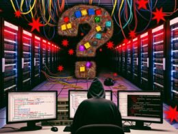 Düsterer Serverraum mit blinkenden Warnleuchten an Computern, Open Source-Logos, Kabeln und Entwicklern im Schatten. Im Hintergrund sind CMS- und Framework-Bildschirme, darüber schwebt ein Fragezeichen aus Code und GitHub-Sternen.