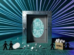 Illustration einer sicherheitsfokussierten Serverlandschaft mit Stahltor und Stripe-Logo, schwebendem Access-Token und abgewiesenen Eindringlingen vor glühenden digitalen Barrieren in Türkis und Lila.