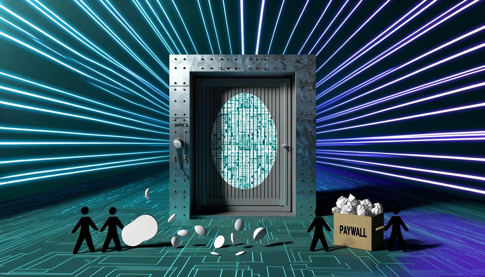 Illustration einer sicherheitsfokussierten Serverlandschaft mit Stahltor und Stripe-Logo, schwebendem Access-Token und abgewiesenen Eindringlingen vor glühenden digitalen Barrieren in Türkis und Lila.