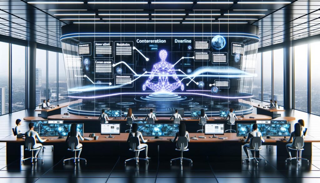 Futuristischer Newsroom mit transparentem Dashboard, Data-Visualisierungen, KI-generierten Inhalten und digitalen Assistenten in moderner, automatisierter Umgebung.