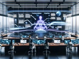 Futuristischer Newsroom mit transparentem Dashboard, Data-Visualisierungen, KI-generierten Inhalten und digitalen Assistenten in moderner, automatisierter Umgebung.