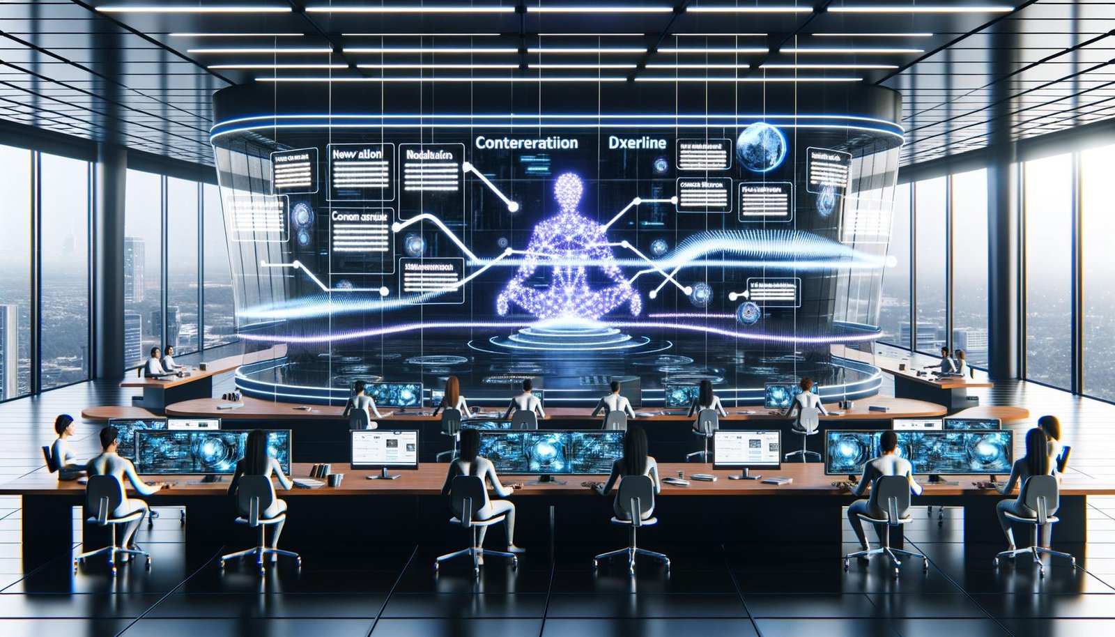 Futuristischer Newsroom mit transparentem Dashboard, Data-Visualisierungen, KI-generierten Inhalten und digitalen Assistenten in moderner, automatisierter Umgebung.