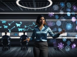 Kontrollraum mit futuristischen Dashboards, holografischen Daten und Person, die mit modernen Algorithmen arbeitet, während andere mit Papier kämpfen