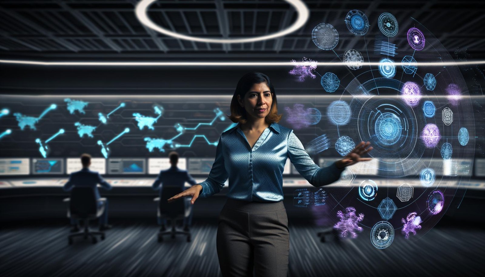 Kontrollraum mit futuristischen Dashboards, holografischen Daten und Person, die mit modernen Algorithmen arbeitet, während andere mit Papier kämpfen