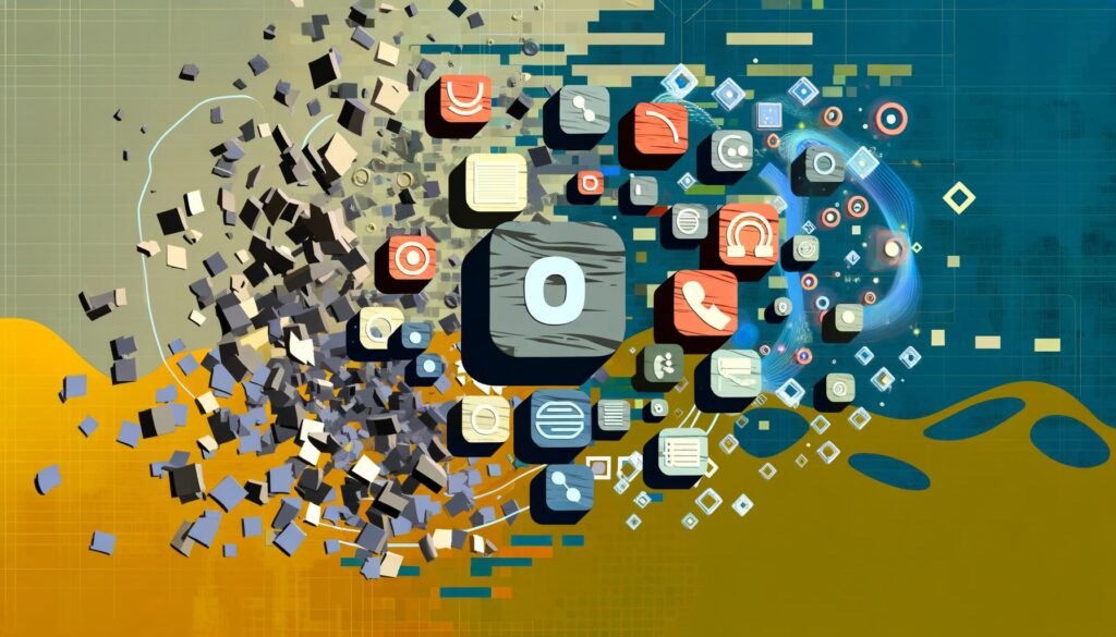 Abstrakte Illustration: Zerbrechende graue Textwüsten werden von farbigen, modularen Content-Bausteinen, Icons und flexiblen Verbindungen in dynamischer digitaler Szene abgelöst.