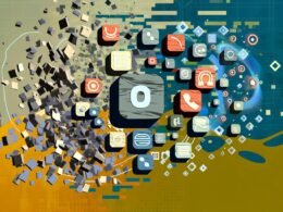 Abstrakte Illustration: Zerbrechende graue Textwüsten werden von farbigen, modularen Content-Bausteinen, Icons und flexiblen Verbindungen in dynamischer digitaler Szene abgelöst.