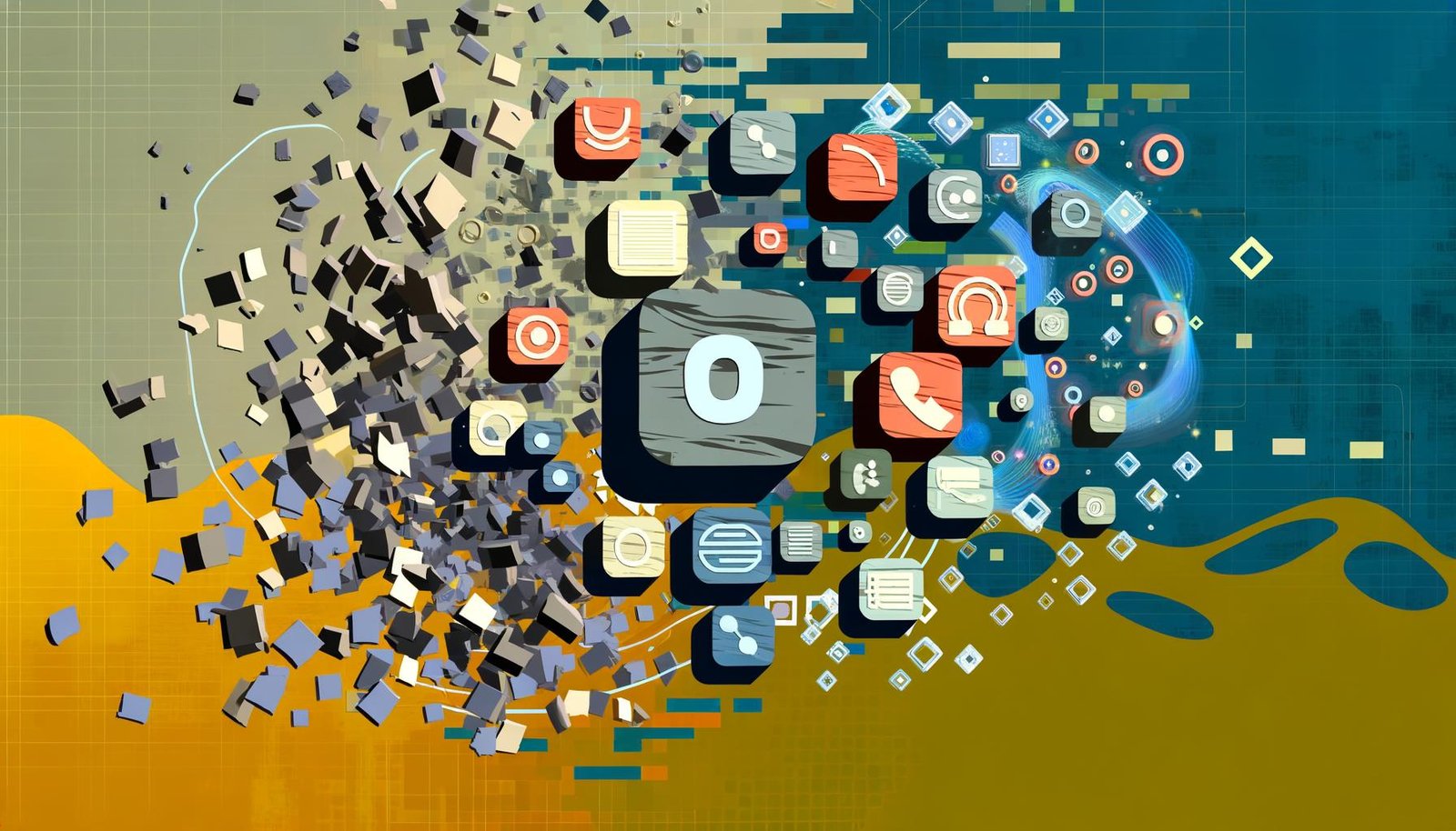 Abstrakte Illustration: Zerbrechende graue Textwüsten werden von farbigen, modularen Content-Bausteinen, Icons und flexiblen Verbindungen in dynamischer digitaler Szene abgelöst.