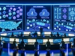 Futuristischer Datenkontrollraum mit Analysten, Ingenieuren und Marketingexperten an dynamischen Konsolen, umgeben von holografischen Dashboards und digitalen Schnittstellen in Neonfarben.