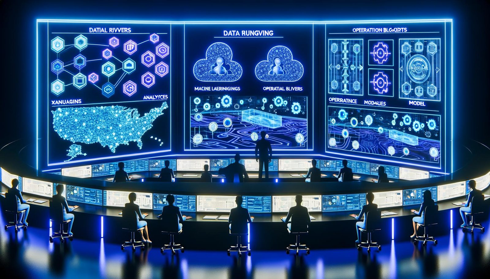 Futuristischer Datenkontrollraum mit Analysten, Ingenieuren und Marketingexperten an dynamischen Konsolen, umgeben von holografischen Dashboards und digitalen Schnittstellen in Neonfarben.