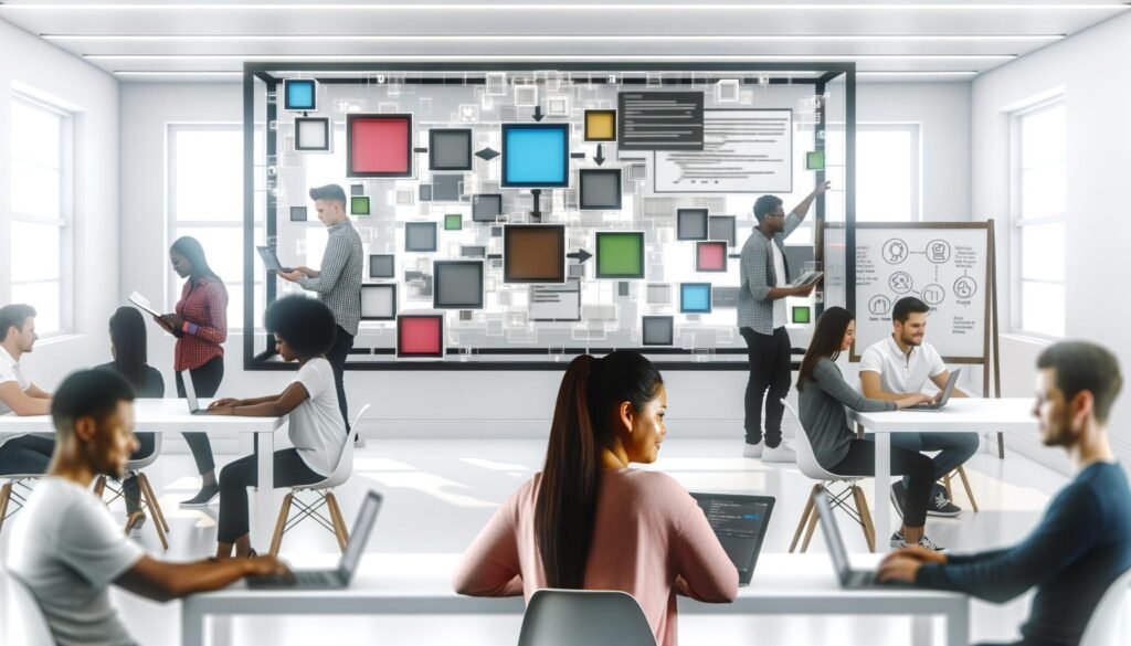 Modernes Büro mit Teammitgliedern, die an digitalen Projekten und einem Bildschirm mit farbigen Drag-and-Drop Modulen arbeiten