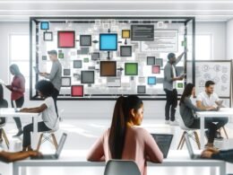 Modernes Büro mit Teammitgliedern, die an digitalen Projekten und einem Bildschirm mit farbigen Drag-and-Drop Modulen arbeiten