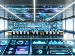 Team aus Marketern und Data Scientists in einem futuristischen Kontrollraum mit leuchtenden Dashboards, datengetriebenen Grafiken und holographischen Projektionen für Online Marketing Analyse