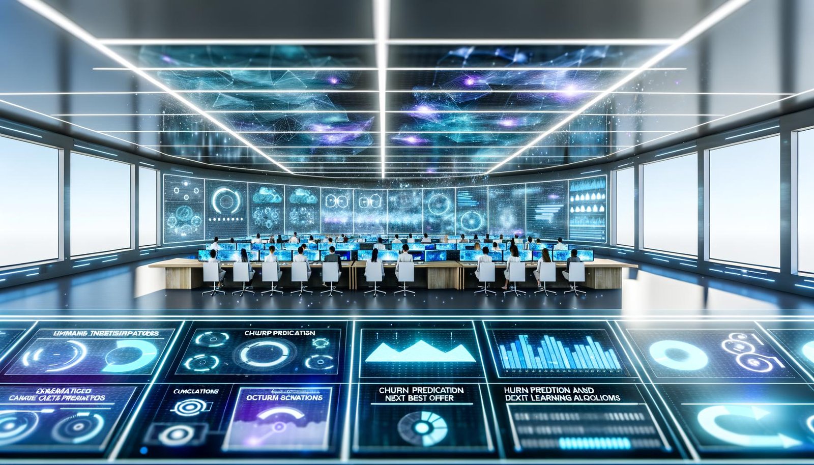 Team aus Marketern und Data Scientists in einem futuristischen Kontrollraum mit leuchtenden Dashboards, datengetriebenen Grafiken und holographischen Projektionen für Online Marketing Analyse