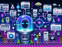 Futuristische Illustration eines digitalen Kontrollzentrums mit schwebenden Benutzeroberflächen für verschiedene digitale Kanäle und zentrale Headless-API, im Flat-Design mit Cyberpunk-Ästhetik.