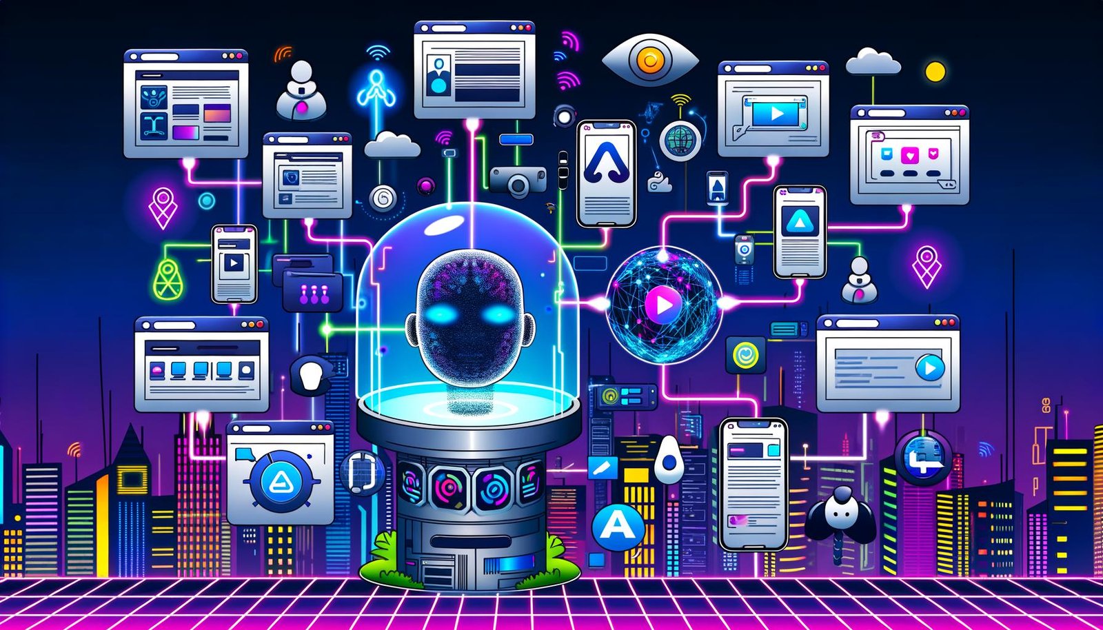 Futuristische Illustration eines digitalen Kontrollzentrums mit schwebenden Benutzeroberflächen für verschiedene digitale Kanäle und zentrale Headless-API, im Flat-Design mit Cyberpunk-Ästhetik.