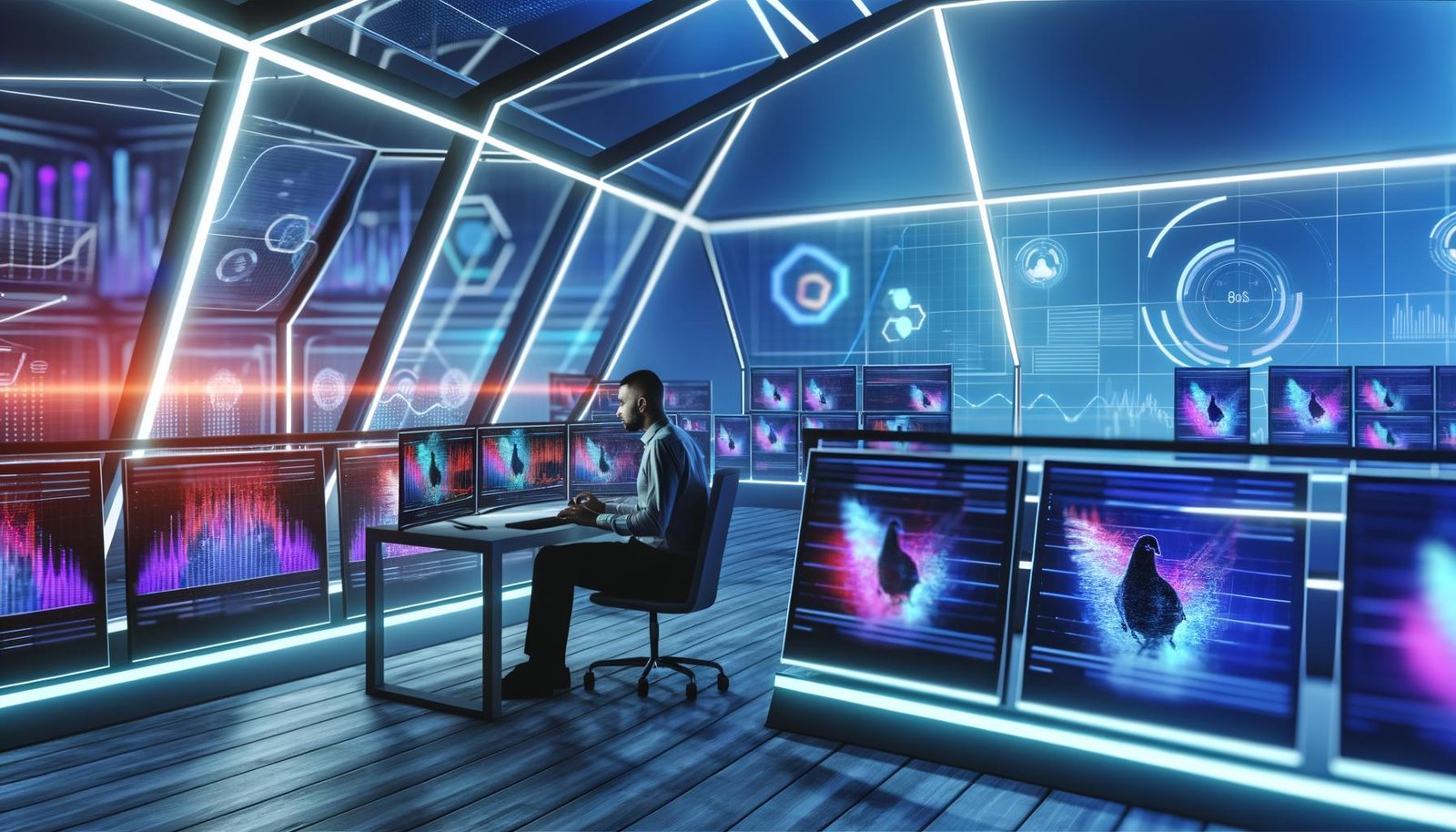 Modernes, futuristisch gestaltetes Marketingzentrum mit dynamischen Datenanalysen, Online-Marketer und leuchtenden Farben; verblassende Papiercharts im Hintergrund.