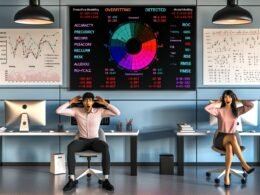 Moderne Arbeitsumgebung mit zwei Data Scientists, die sich vor Computermonitoren mit Dashboard-Metriken und Overfitting-Warnung auf Modellvalidierung im Marketing konzentrieren.