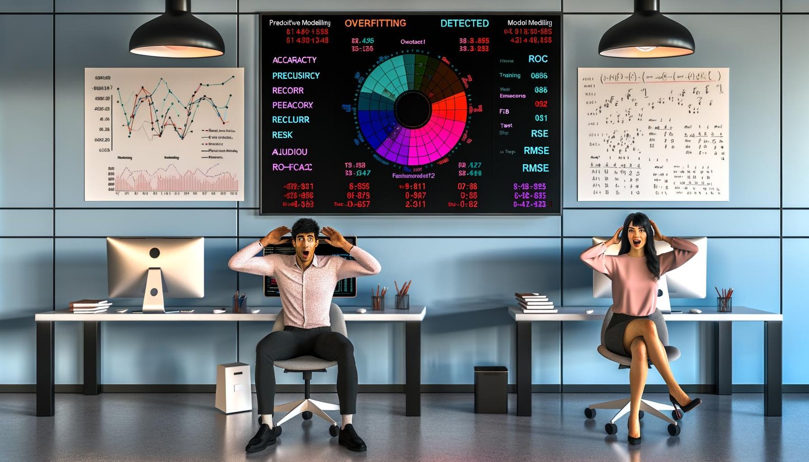 Moderne Arbeitsumgebung mit zwei Data Scientists, die sich vor Computermonitoren mit Dashboard-Metriken und Overfitting-Warnung auf Modellvalidierung im Marketing konzentrieren.