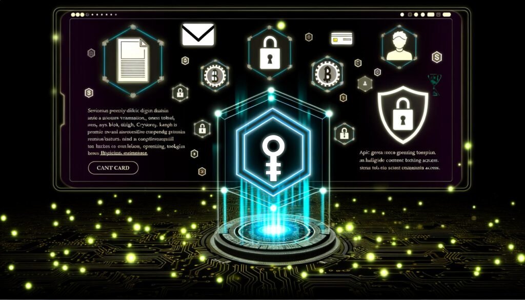 Futuristisches Web-Dashboard mit Stripe-Zahlung und digitalem Access-Token, der den Zugang zu Premium-Inhalten wie E-Book, Video-Lektion und NFT-Badge sichert. Umgebung mit technischen Details, Sicherheits- und Commerce-Icons.