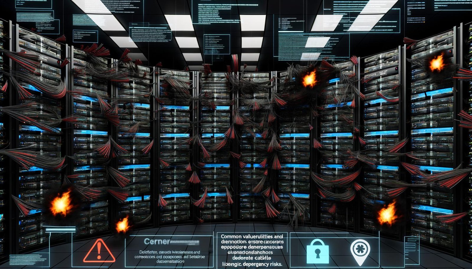 Düstere, dramatische Illustration eines Serverraums mit offenen Software-Paketen, brüchigen Kabeln, roten Flammen und digital eingeblendeten CVE-, Lizenz- und Abhängigkeitswarnungen, sowie Hinweisen auf rechtliche Risiken.
