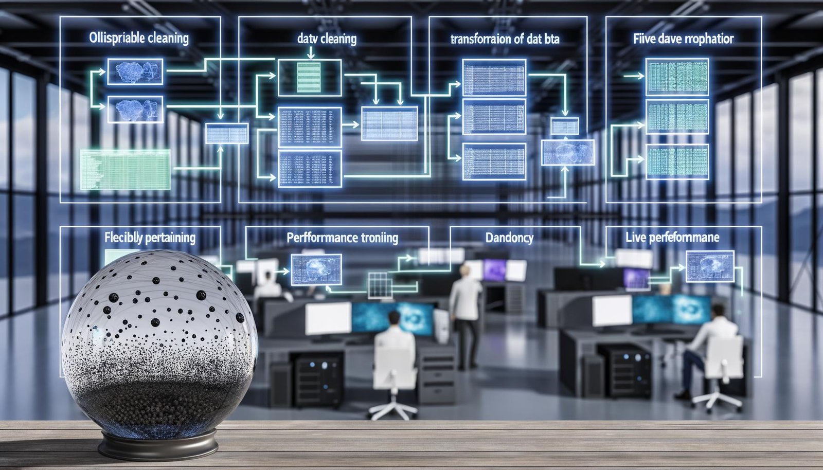 Team von Data Scientists an modernen Arbeitsplätzen, mit Monitoren voller bunter Workflow-Diagramme und einer verstaubten Kristallkugel im Vordergrund als Symbol für den Wandel von Vermutungen zu datengetriebenen Prozessen.